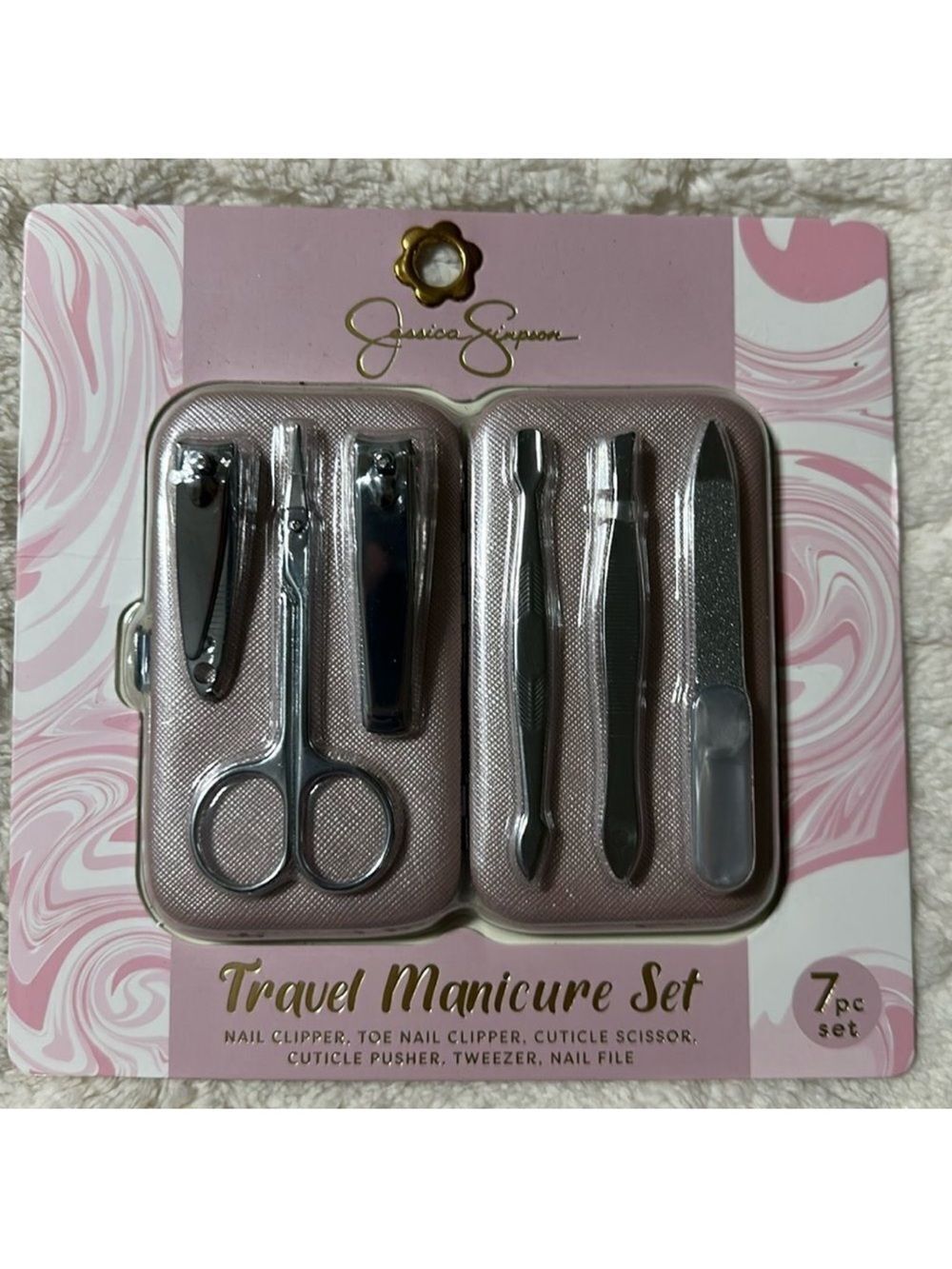 Jessica Simpson Pink Silver Ultimate 7 Piece Manicure Pedi Set Travel Case Incl